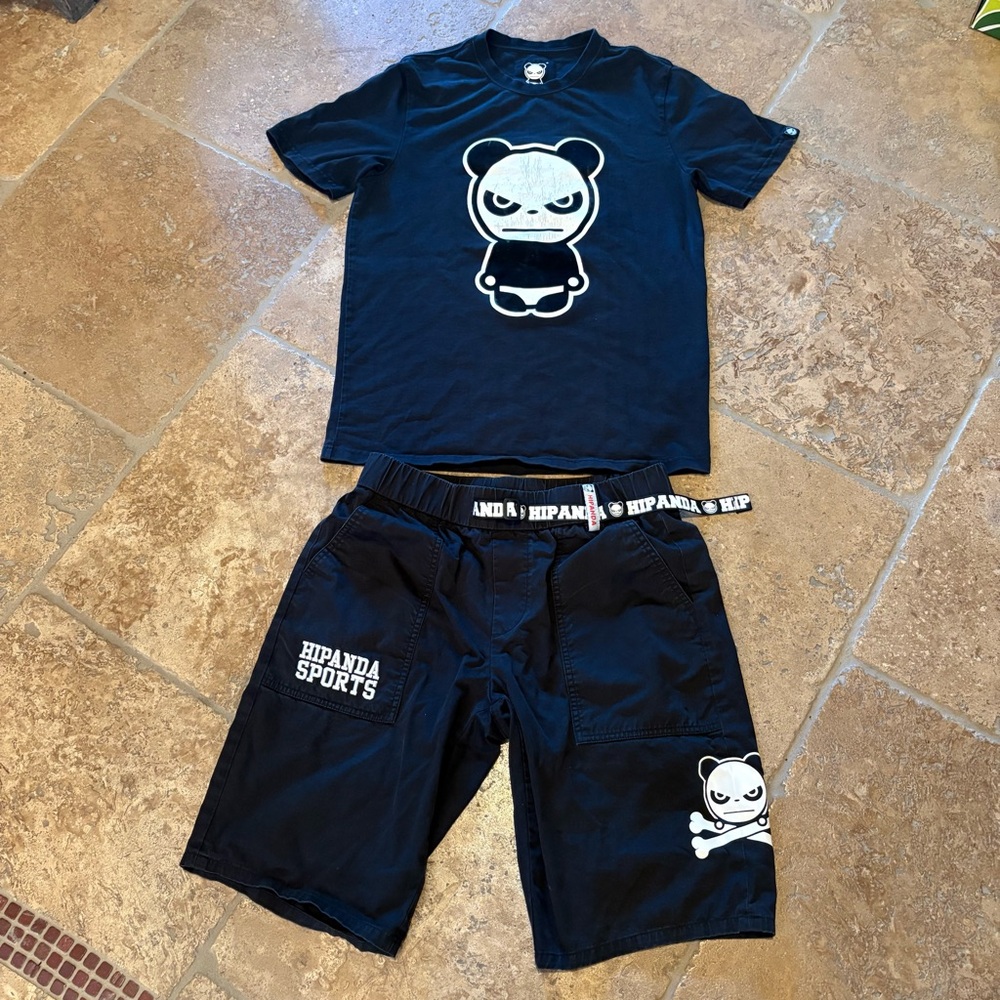Hipanda Black Tee & Shorts Set with Panda  Graphic Streetwear Size Medium-Unisex